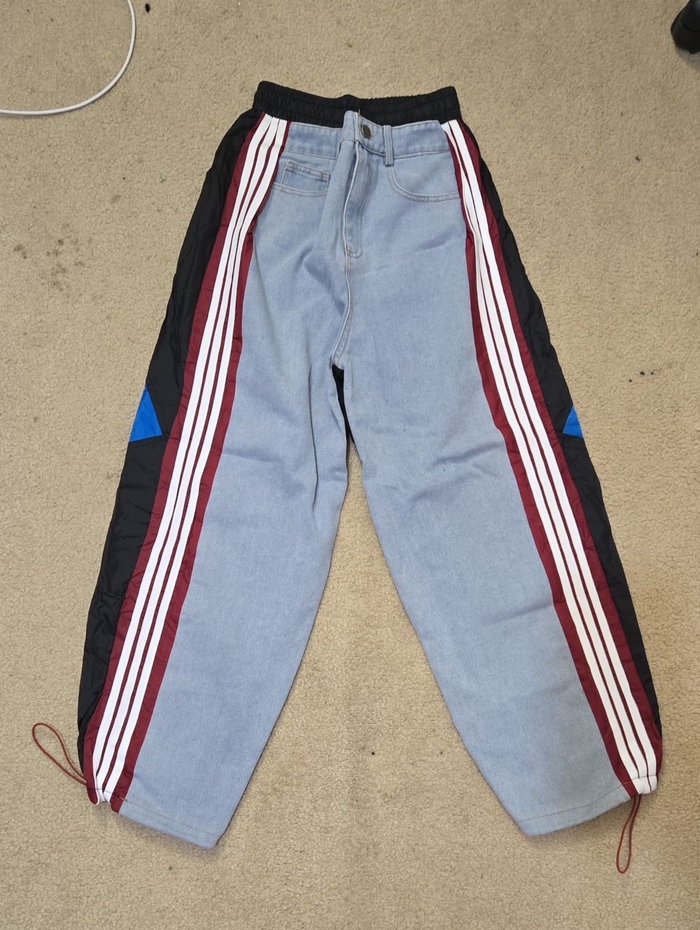 Light Wash Denim Track Pants with Black & Burgundy Side Panels Akira Small S